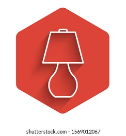 White line Table lamp icon isolated with long shadow. Red hexagon button. Vector Illustration
