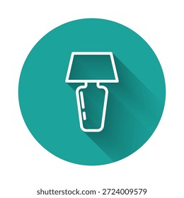 Línea blanca Icono de la lámpara de mesa aislado con fondo de sombra larga. Lámpara de escritorio. Botón de círculo verde. Vector