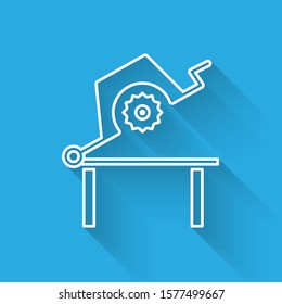 White line Table saw for woodwork icon isolated with long shadow. Power saw bench.  Vector Illustration