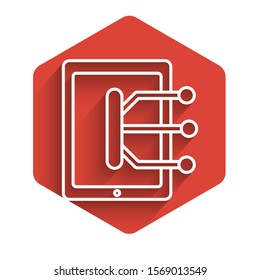 White line Tablet icon isolated with long shadow. Red hexagon button. Vector Illustration