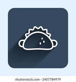 White line Taco with tortilla icon isolated with long shadow background. Traditional mexican fast food menu. Blue square button. Vector
