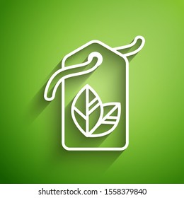 White line Tag with leaf symbol icon isolated on green background. Banner, label, tag, logo, sticker for eco green.  Vector Illustration