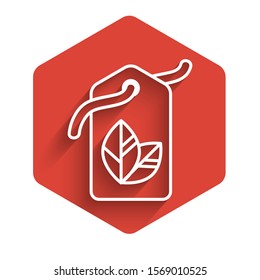 White line Tag with leaf symbol icon isolated with long shadow. Banner, label, tag, logo, sticker for eco green. Red hexagon button. Vector Illustration