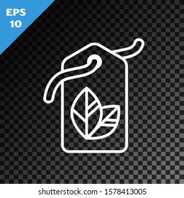White line Tag with leaf symbol icon isolated on transparent dark background. Banner, label, tag, logo, sticker for eco green.  Vector Illustration