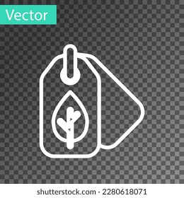 White line Tag with leaf symbol icon isolated on transparent background. Banner, label, tag, logo, sticker for eco green.  Vector