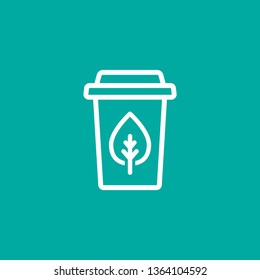 white line take-out coffee with cap and leaf. disposable cardboard cup of coffee. Paper container icon with recycle arrows. Isolated on blue. Vector Illustration. Fast food business lunch 