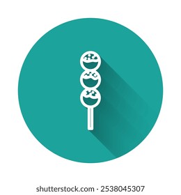 White line Takoyaki on a stick icon isolated with long shadow. Japanese street food. Green circle button. Vector