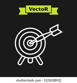 White line Target with arrow icon isolated on black background. Dart board sign. Archery board icon. Dartboard sign. Business goal concept.  Vector Illustration