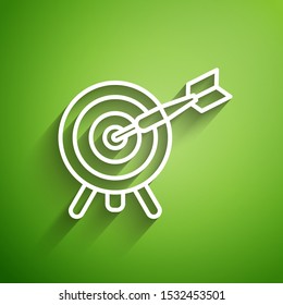 White line Target with arrow icon isolated on green background. Dart board sign. Archery board icon. Dartboard sign. Business goal concept.  Vector Illustration