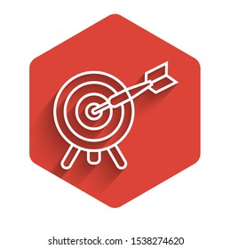 White line Target with arrow icon isolated with long shadow. Dart board sign. Archery board icon. Dartboard sign. Business goal concept. Red hexagon button. Vector Illustration
