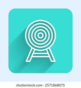 White line Target with arrow icon isolated with long shadow. Dart board sign. Archery board icon. Dartboard sign. Business goal concept. Green square button. Vector