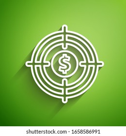 White line Target with dollar symbol icon isolated on green background. Investment target icon. Successful business concept. Cash or Money.  Vector Illustration