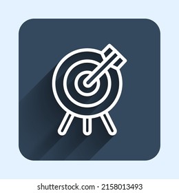 White line Target financial goal concept icon isolated with long shadow background. Symbolic goals achievement, success. Blue square button. Vector