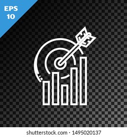 White line Target with graph chart icon isolated on transparent dark background. Report text file icon. Accounting sign. Audit, analysis, planning.  Vector Illustration