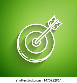 White line Target icon isolated on green background. Investment target icon. Successful business concept. Cash or Money sign.   Vector Illustration