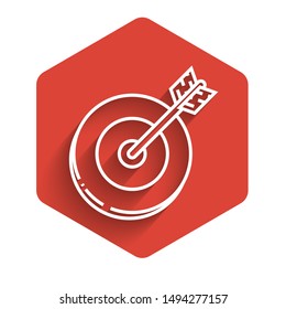 White line Target icon isolated with long shadow. Investment target icon. Successful business concept. Cash or Money sign.  Red hexagon button. Vector Illustration