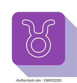 White line Taurus zodiac sign icon isolated on white background. Astrological horoscope collection. Purple square button. Vector Illustration