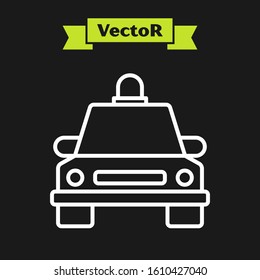 White line Taxi car icon isolated on black background.  Vector Illustration