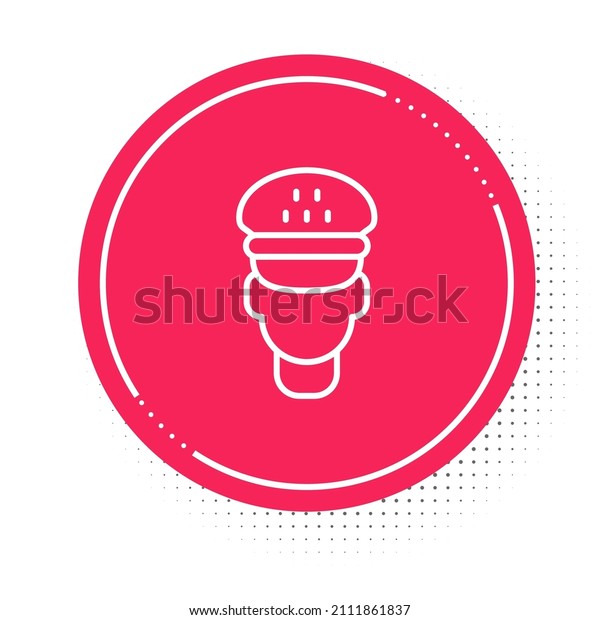 White line Taxi driver icon isolated on\
white background. Red circle button.\
Vector