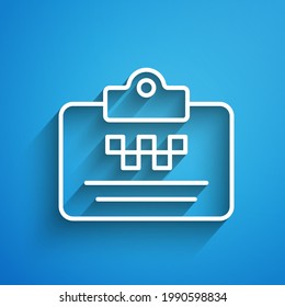 White line Taxi driver license icon isolated on blue background. Long shadow. Vector