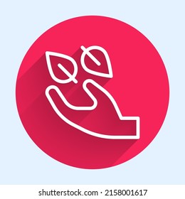 White line Tea leaf in hand icon isolated with long shadow background. Tea leaves. Red circle button. Vector