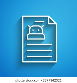 White line Technical specification icon isolated on blue background. Technical support check list, team work solution, project management, software upgrade. Long shadow. Vector