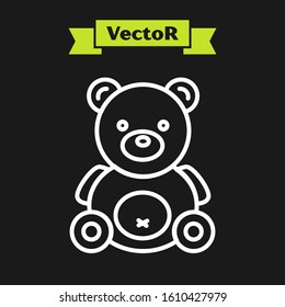 White line Teddy bear plush toy icon isolated on black background.  Vector Illustration