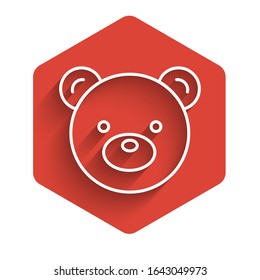 White line Teddy bear plush toy icon isolated with long shadow. Red hexagon button. Vector Illustration