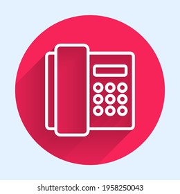 White line Telephone handset icon isolated with long shadow. Phone sign. Red circle button. Vector