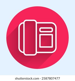 White line Telephone handset icon isolated with long shadow background. Phone sign. Red circle button. Vector