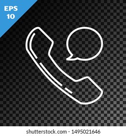 White line Telephone handset and speech bubble chat icon isolated on transparent dark background. Phone sign.  Vector Illustration