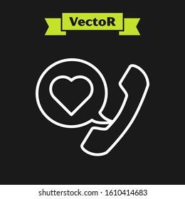 White line Telephone with heart emoji speech bubble get message on screen icon isolated on black background. Valentines day.  Vector Illustration