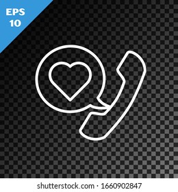 White line Telephone with heart emoji speech bubble get message on screen icon isolated on transparent dark background. Valentines day.  Vector Illustration