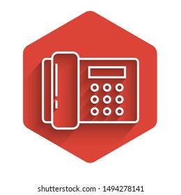 White line Telephone icon isolated with long shadow. Landline phone. Red hexagon button. Vector Illustration