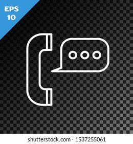 White line Telephone with speech bubble chat icon isolated on transparent dark background. Support customer service, hotline, call center, faq, maintenance.  Vector Illustration