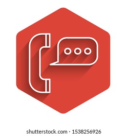 White line Telephone with speech bubble chat icon isolated with long shadow. Support customer service, hotline, call center, faq, maintenance. Red hexagon button. Vector Illustration