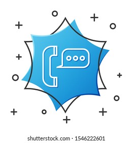 White line Telephone with speech bubble chat icon isolated on white background. Support customer service, hotline, call center, faq, maintenance. Blue hexagon button. Vector Illustration