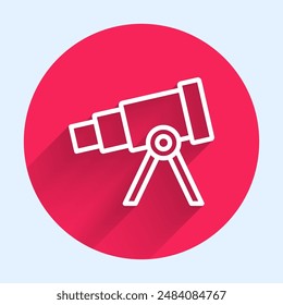 White line Telescope icon isolated with long shadow. Scientific tool. Education and astronomy element, spyglass and study stars. Red circle button. Vector