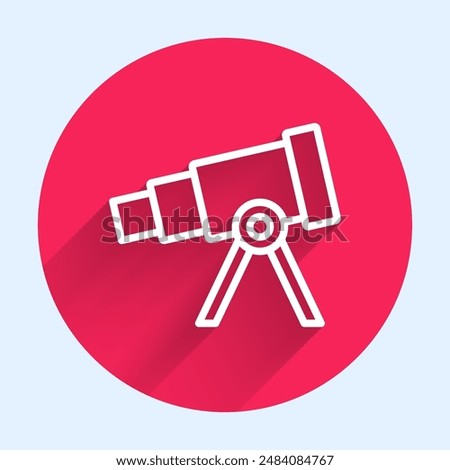 White line Telescope icon isolated with long shadow. Scientific tool. Education and astronomy element, spyglass and study stars. Red circle button. Vector