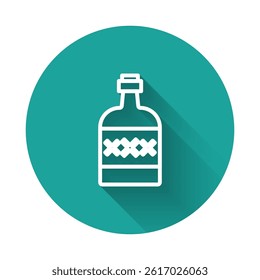 White line Tequila bottle icon isolated with long shadow background. Mexican alcohol drink. Green circle button. Vector
