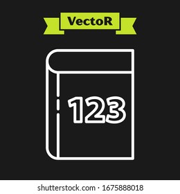 Línea blanca Prueba o hoja de examen e icono de lápiz aislados en fondo negro. Concepto de libro de pruebas o examen.  Ilustración vectorial