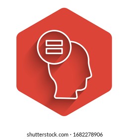 White line Test or exam sheet icon isolated with long shadow. Test paper, exam or survey concept. Red hexagon button. Vector Illustration