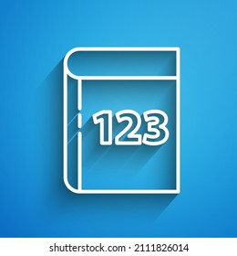 Línea blanca Prueba o hoja de examen e icono de lápiz aislados en fondo azul. Prueba, examen o concepto de encuesta. Larga sombra. Ilustración vectorial
