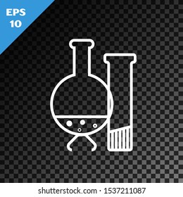 White line Test tube and flask - chemical laboratory test icon isolated on transparent dark background. Laboratory glassware sign.  Vector Illustration