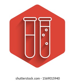 White line Test tube and flask chemical laboratory test icon isolated with long shadow. Laboratory glassware sign. Red hexagon button. Vector Illustration