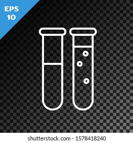 White line Test tube and flask chemical laboratory test icon isolated on transparent dark background. Laboratory glassware sign.  Vector Illustration