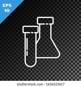 White line Test tube and flask chemical laboratory test icon isolated on transparent dark background. Laboratory glassware sign.  Vector Illustration