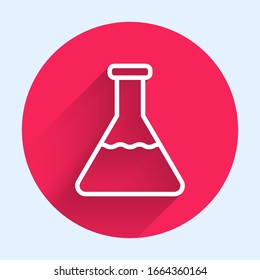 White line Test tube and flask chemical laboratory test icon isolated with long shadow. Laboratory glassware sign. Red circle button. Vector Illustration