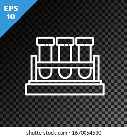 White line Test tube and flask chemical laboratory test icon isolated on transparent dark background. Laboratory glassware sign.  Vector Illustration