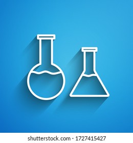 White line Test tube and flask icon isolated on blue background. Chemical laboratory test. Laboratory glassware. Long shadow. Vector Illustration